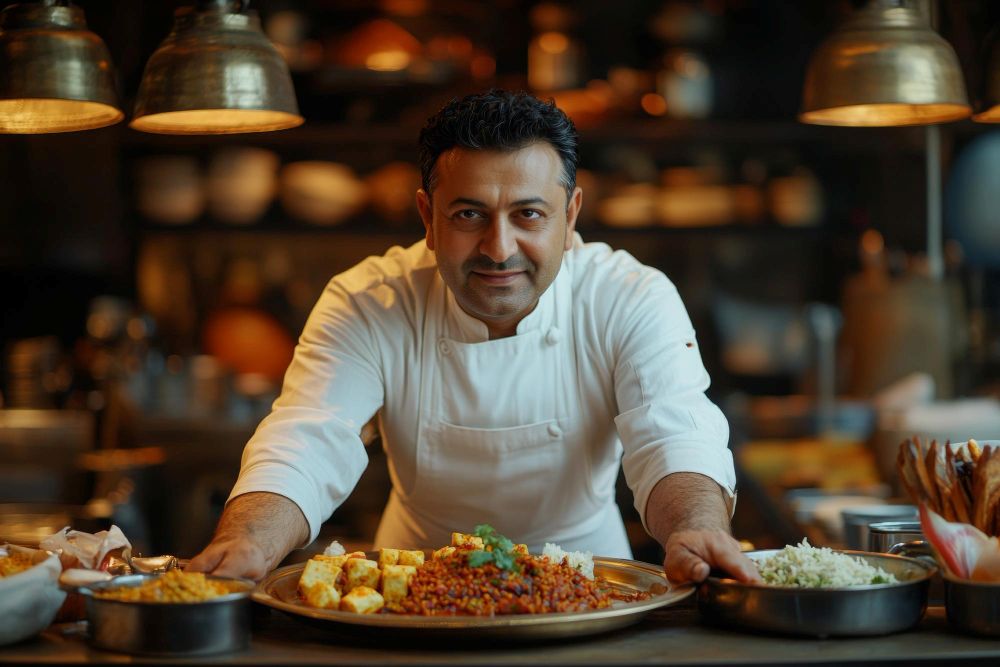 Professional kitchen with chef at work